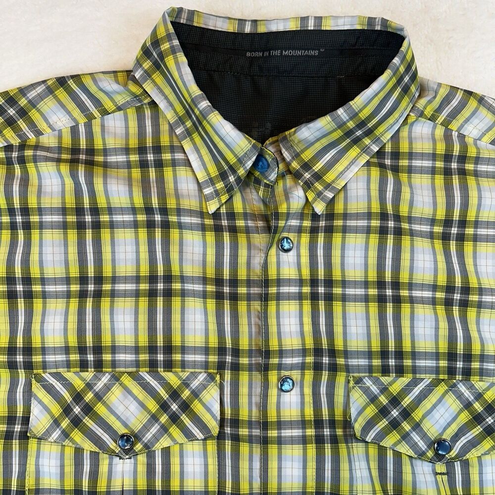 Kuhl Mens Button Down Pearl Snaps SS Yellow Plaid Outdoor Shirt Size Large